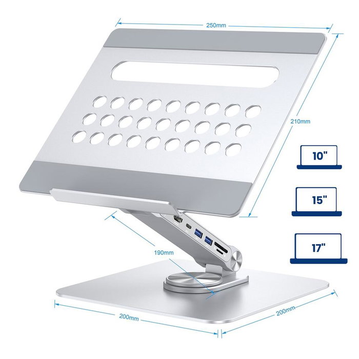 Ewent Support Portable Bureau EW1269 Station Accueil 7-en-1 Type C 100W HDMI USB 3.0 Rotation 360° Aluminium