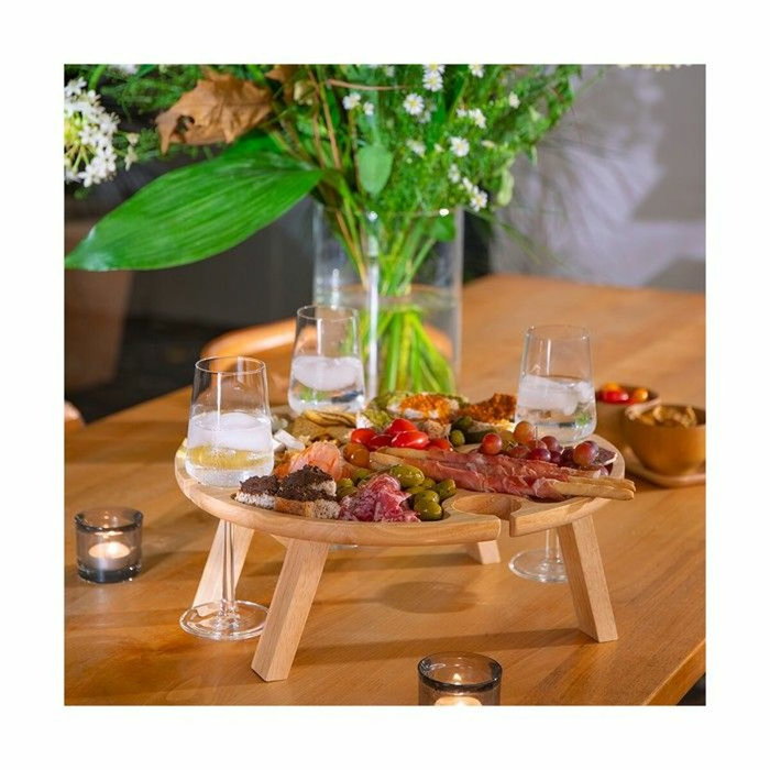 Livoo Plateau apéritif MES150 Beige Ronde en bois d'hévéa avec pieds pliables