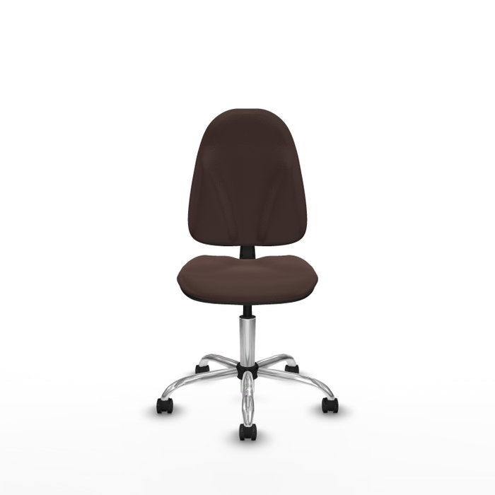 Chaise de bureau Algarra avec mécanisme de contact permanent de base, revêtue de similicuir marron foncé. Équipée d'un piètement chromé, sans accoudoirs et de roulettes autobloquantes