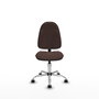 Chaise de bureau Algarra avec mécanisme de contact permanent de base, revêtue de similicuir marron foncé. Équipée d'un piètement chromé, sans accoudoirs et de roulettes autobloquantes