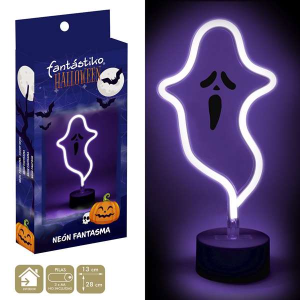 Juinsa - Fantôme avec support et lumière néon 13x28 cm - Figurine lumineuse et sonore pour Halloween - Fonctionne sur piles