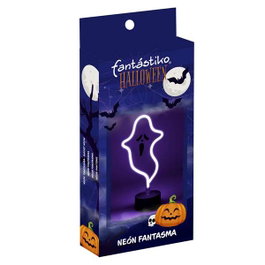 Juinsa - Fantôme avec support et lumière néon 13x28 cm - Figurine lumineuse et sonore pour Halloween - Fonctionne sur piles