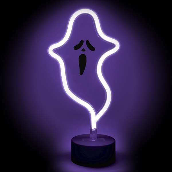 Juinsa - Fantôme avec support et lumière néon 13x28 cm - Figurine lumineuse et sonore pour Halloween - Fonctionne sur piles