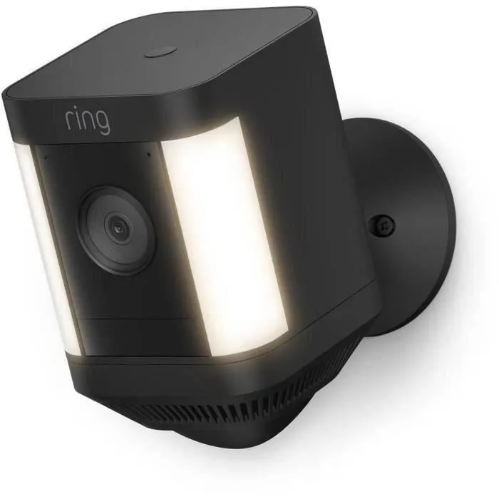 Ring Spotlight Cam Plus, Caméra de surveillance extérieure sur secteur Noir, Détection de mouvement, Vision nocturne couleur, Champ de vision 140 degrés