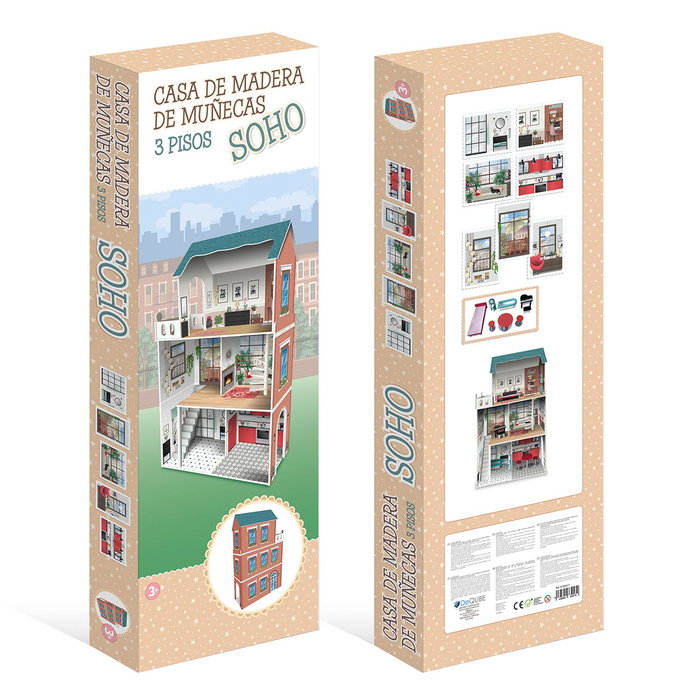 Deqube Maison de Poupées en Bois Soho 3 Étages avec 8 Meubles, Terrasse et 2 Escaliers - Inspirée du Quartier New-Yorkais - Dimensions 120x75x33 cm Deqube Maison de Poupées en Bois Soho 3 Étages avec 8 Meubles, Terrasse et 2 Escaliers - Inspirée du Quartier New-Yorkais - Dimensions 120x75x33 cm