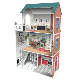 Deqube Maison de Poupées en Bois Soho 3 Étages avec 8 Meubles, Terrasse et 2 Escaliers - Inspirée du Quartier New-Yorkais - Dimensions 120x75x33 cm