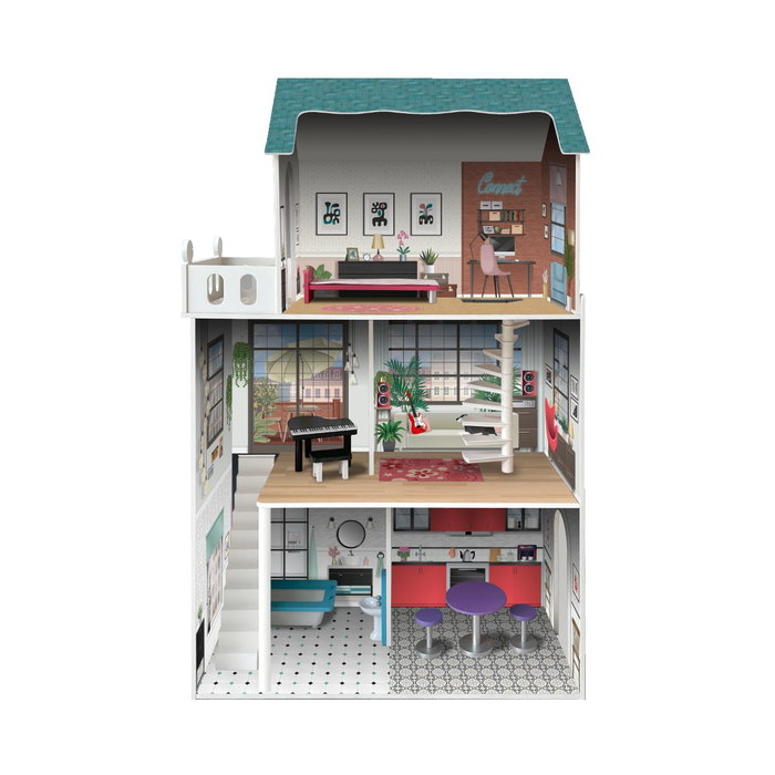 Deqube Maison de Poupées en Bois Soho 3 Étages avec 8 Meubles, Terrasse et 2 Escaliers - Inspirée du Quartier New-Yorkais - Dimensions 120x75x33 cm Deqube Maison de Poupées en Bois Soho 3 Étages avec 8 Meubles, Terrasse et 2 Escaliers - Inspirée du Quartier New-Yorkais - Dimensions 120x75x33 cm