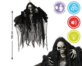 Skeleton, squelette animé suspendu 100 x 90 cm avec lumière, son et mouvement pour Halloween, décor effrayant