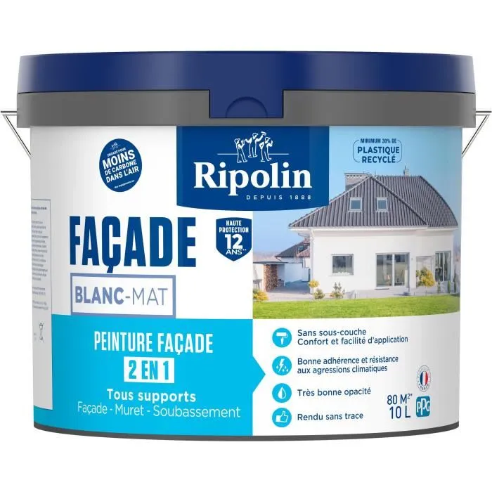 Ripolin - 474646 - Peinture pour façade 2 en 1, 10 L, Blanc Mat, résistante aux intempéries, sous-couche intégrée Ripolin - 474646 - Peinture pour façade 2 en 1, 10 L, Blanc Mat, résistante aux intempéries, sous-couche intégrée