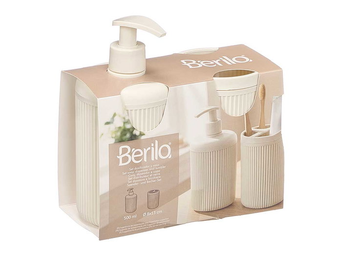 BERILO Set de distributeur et gobelet blanc à rayures