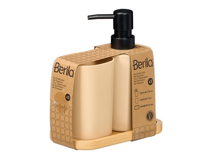 Berilo Lot Distributeur Doseur et Verre Base Bambou Beige 16x18x9 cm (Set de 12)