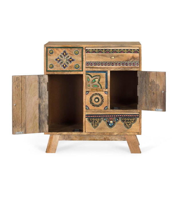 GINER Y COLOMER - Commode Fabricée à la Main en Bois de Manguier Naturel - Meuble Auxiliare avec 2 Portes et 5 Tiroirs de Stockage - Détails Peints à la Main