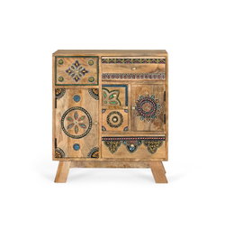 GINER Y COLOMER - Commode Fabricée à la Main en Bois de Manguier Naturel - Meuble Auxiliare avec 2 Portes et 5 Tiroirs de Stockage - Détails Peints à la Main