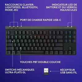 Logitech G Clavier Gaming Sans Fil G515 TKL Lightspeed AZERTY Mécanique Linéaire Rétroéclairé Noir - Ultra-Mince