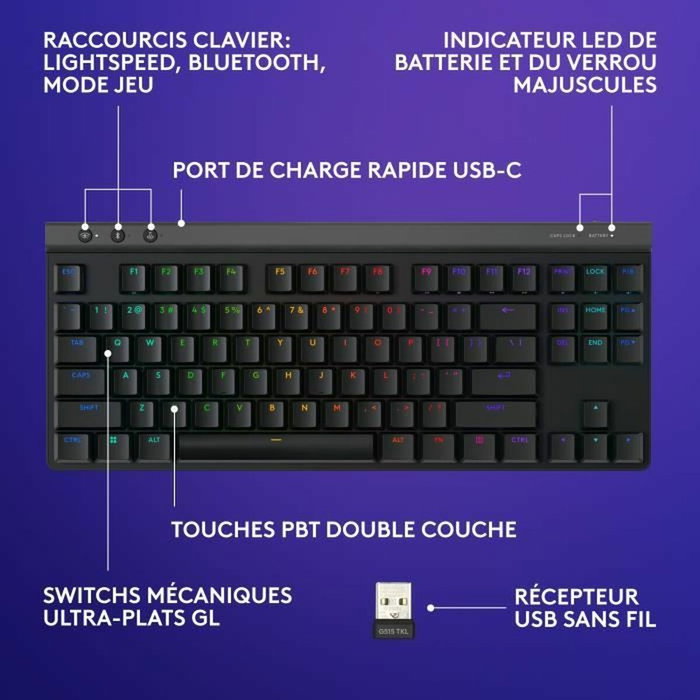Logitech G G515 TKL Lightspeed - Clavier Gamer Sans Fil AZERTY Noir Logitech G G515 TKL Lightspeed - Clavier Gamer Sans Fil AZERTY Noir