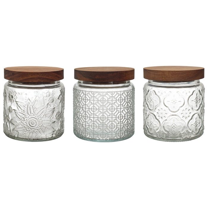 Home Deco Factory Bocal en verre avec relief et couvercle acacia 500 ml