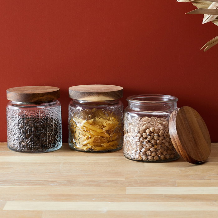 Home Deco Factory Bocal en verre avec relief et couvercle acacia 500 ml