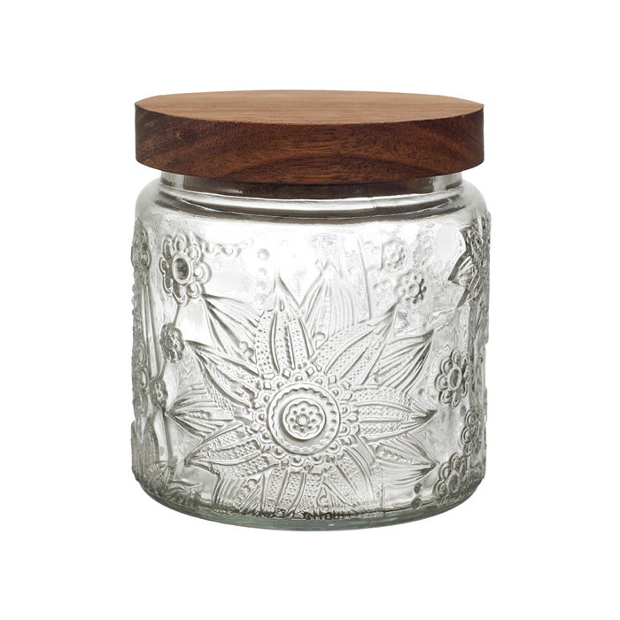 Home Deco Factory Bocal en verre avec relief et couvercle acacia 500 ml