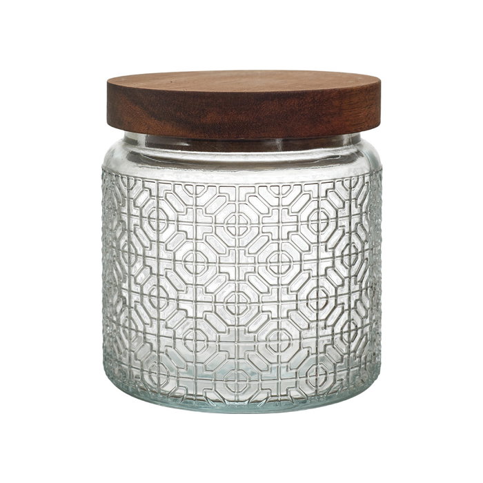 Home Deco Factory Bocal en verre avec relief et couvercle acacia 500 ml