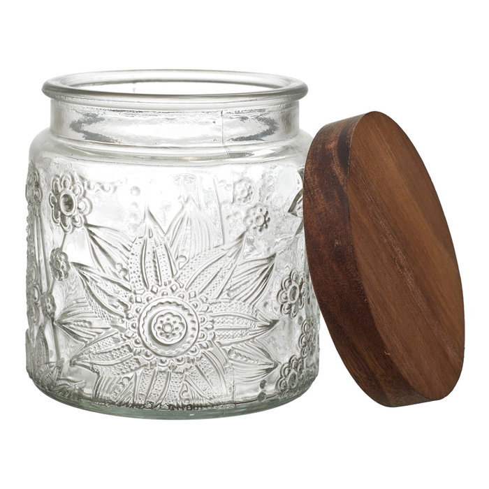 Home Deco Factory Bocal en verre avec relief et couvercle acacia 500 ml