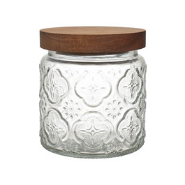 Home Deco Factory Bocal en verre avec relief et couvercle acacia 500 ml