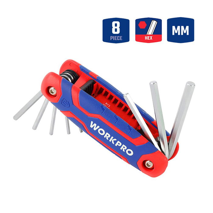 Workpro Jeu de 8 Clés Allen Pliantes Métrique 0.5-8 mm Acier Chrome-Vanadium