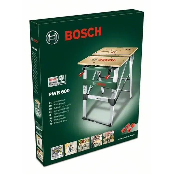 Bosch 0603B05200 PWB 600 Établi de travail pliant en aluminium avec surface en bambou, mâchoires de serrage flexibles (680 x 680 mm)