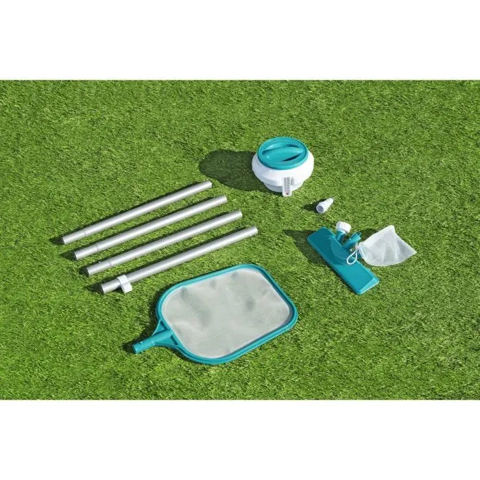 Bestway - Kit de nettoyage Aquaclear pour piscine - Épuisette, flotteur chimique, aspirateur, bandelettes de test, patch de réparation - Jusqu'à 3.96 m