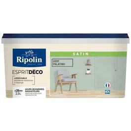 Ripolin - Peinture satinée ultra couvrante A+, vert Palatino - Pour murs, boiseries, radiateurs (cuisine, chambre, salon...)