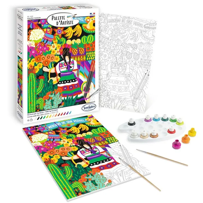 Sentosphere - Palette d'artiste - Peinture aux numéros acrylique pour adulte - Tableau sur toile 'Marché Mexicain' - Kit créatif avec pinceaux