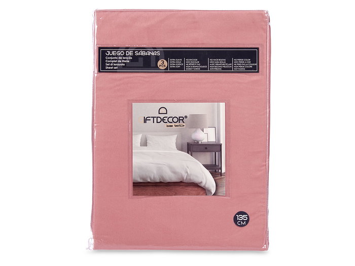 Giftdecor Set 3 Draps 135 cm Rose - Housse 135x200 cm, Draps 205x245 cm, Taie 45x150 cm (Set de 12)