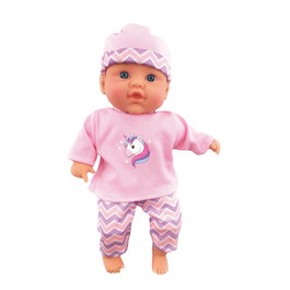 TACHAN - Poupée bébé corps souple avec sons, 4 mélodies, vêtement rose et bonnet, 31 cm, fonctionne sur piles, pour enfant +3 ans