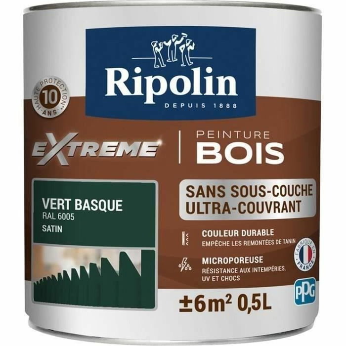 Ripolin Peinture Bois Satin Haute Protection Vert basque 500 ml