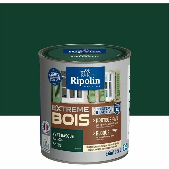 Ripolin Peinture Bois Satin Haute Protection Vert basque 500 ml
