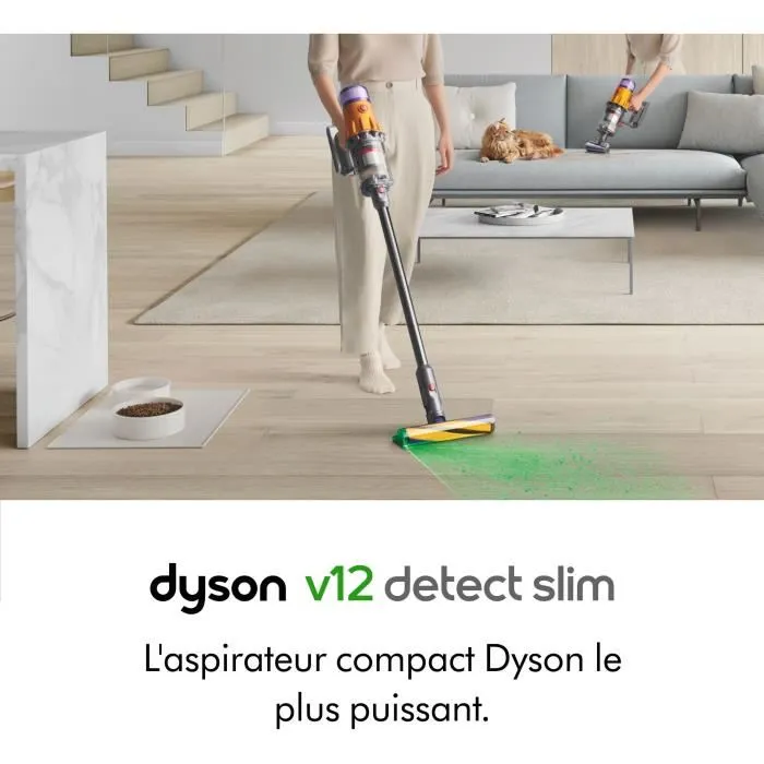Dyson V12 Detect Slim Absolute 2023 Aspirateur balai sans fil, Nickel, jaune