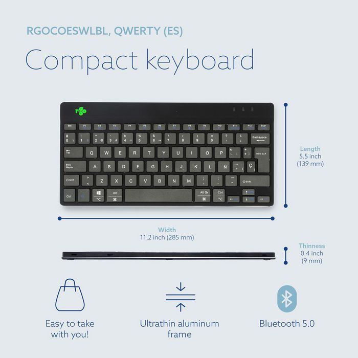 R-Go Tools Clavier ergonomique R-Go Compact Break - Clavier compact Bluetooth avec logiciel de pause, Layout QWERTY (Espagnol), Noir