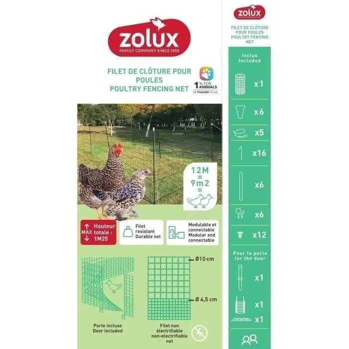 Zolux - Kit filet clôture pour poules 12m x 1,25m, 6 poteaux, porte d'accès, 6 piquets en H et 16 sardines - Enclos sécurisé 9 m²