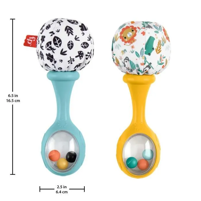 Fisher-Price HMF34 Mes Premiers Maracas - Jouet d'éveil pour bébé à partir de 3 mois avec 2 hochets, billes colorées et côtés en tissu doux & caoutchouc pour les dents