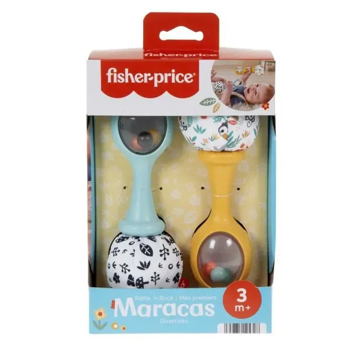 Fisher-Price HMF34 Mes Premiers Maracas - Jouet d'éveil pour bébé à partir de 3 mois avec 2 hochets, billes colorées et côtés en tissu doux & caoutchouc pour les dents