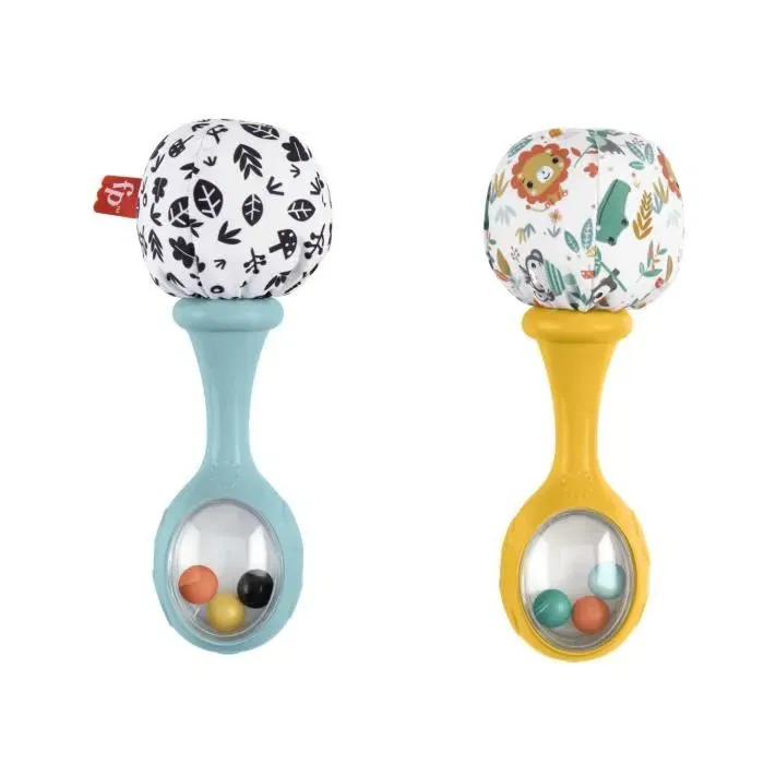 Fisher-Price HMF34 Mes Premiers Maracas - Jouet d'éveil pour bébé à partir de 3 mois avec 2 hochets, billes colorées et côtés en tissu doux & caoutchouc pour les dents