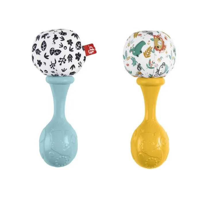 Fisher-Price HMF34 Mes Premiers Maracas - Jouet d'éveil pour bébé à partir de 3 mois avec 2 hochets, billes colorées et côtés en tissu doux & caoutchouc pour les dents