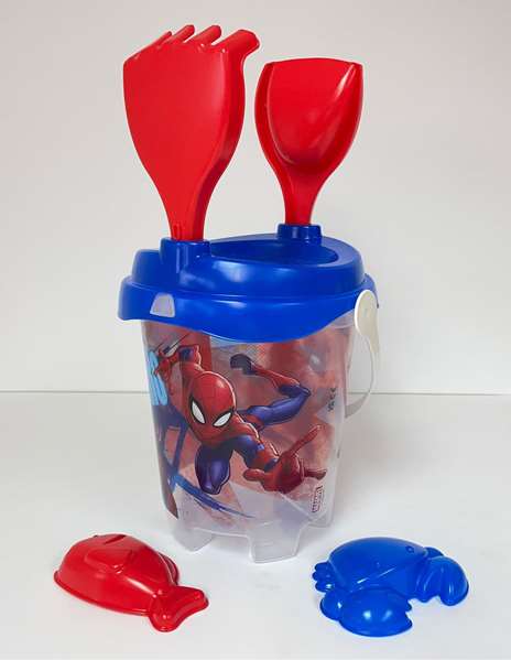 Unice - Cubo Playa Castillo Spiderman Transparent avec Crible, Pelle, Râteau et Moules - Jeu de Plage pour Enfant