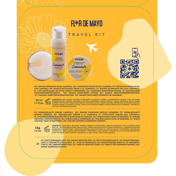 Flor De Mayo Sublime Camomila Travel Estuche 4 pièces - Kit voyage double nettoyage baume démaquillant mousse nettoyante camomille et disque réutilisable