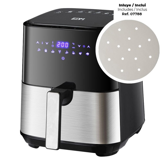 Edm Friteuse à air 5L avec écran LED 1450W 8 menus programmés - Inclus papier de friteuse ø17 cm 100 pièces réf. 07788 Edm Friteuse à air 5L avec écran LED 1450W 8 menus programmés - Inclus papier de friteuse ø17 cm 100 pièces réf. 07788