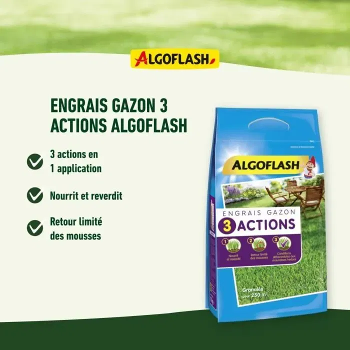 Algoflash Naturasol - Engrais pour gazon - 3 actions - 3 kg - NPK 6-3-4 - Anti-mousse et mauvaises herbes - Mini-granulés sans poussière ni odeur