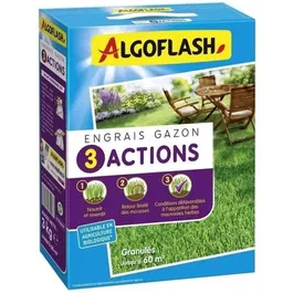 Algoflash Naturasol - Engrais pour gazon - 3 actions - 3 kg - NPK 6-3-4 - Anti-mousse et mauvaises herbes - Mini-granulés sans poussière ni odeur
