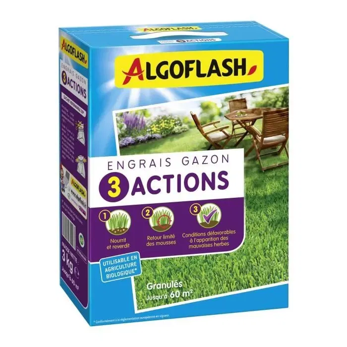 Algoflash Naturasol - Engrais pour gazon - 3 actions - 3 kg - NPK 6-3-4 - Anti-mousse et mauvaises herbes - Mini-granulés sans poussière ni odeur