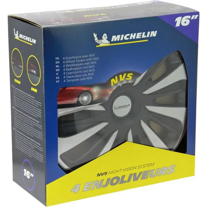 Michelin - Lot de 4 enjoliveurs NVS 3D 16 pouces, noir, ABS bicolore verni - Visibilité nocturne, installation facile par clipsage