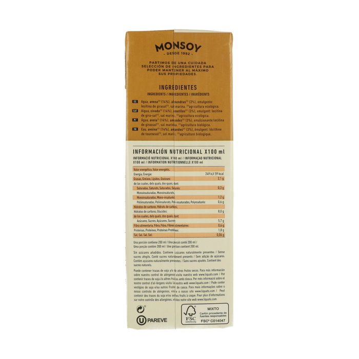 MONSOY Boisson végétale BIO Avoine et Amande 1L (Lot de 6) MONSOY Boisson végétale BIO Avoine et Amande 1L (Lot de 6)