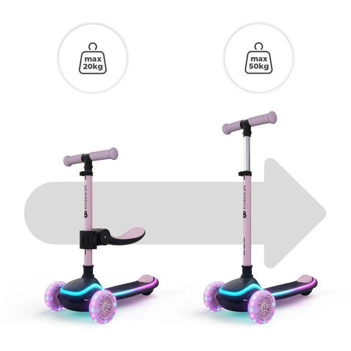 Kinderkraft RAKET UP 2 en 1 Trottinette évolutive Rose avec siège réglable et roues LED
